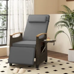2er Set Relaxliege Rattan Liegesessel mit weichen Kissen Verstellbarer Rückenlehne und Fußstütze Liegestuhl Grau/Weiß