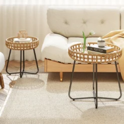 2er Set Rund Beistelltisch mit Metallrahmen & Verstellbaren Füßen Outdoor Rattan Gartentisch