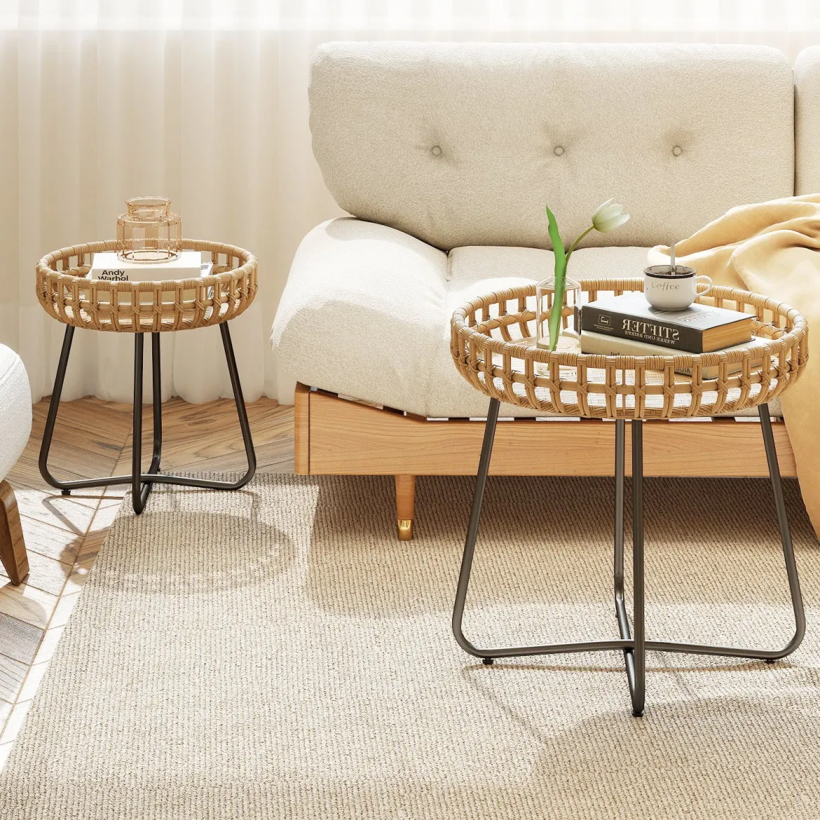 2er Set Rund Beistelltisch mit Metallrahmen & Verstellbaren Füßen Outdoor Rattan Gartentisch