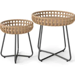 2er Set Rund Beistelltisch mit Metallrahmen & Verstellbaren Füßen Outdoor Rattan Gartentisch
