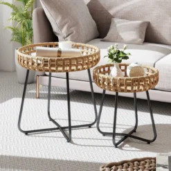 2er Set Rund Beistelltisch mit Metallrahmen & Verstellbaren Füßen Outdoor Rattan Gartentisch