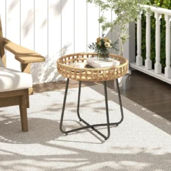 2er Set Rund Beistelltisch mit Metallrahmen & Verstellbaren Füßen Outdoor Rattan Gartentisch