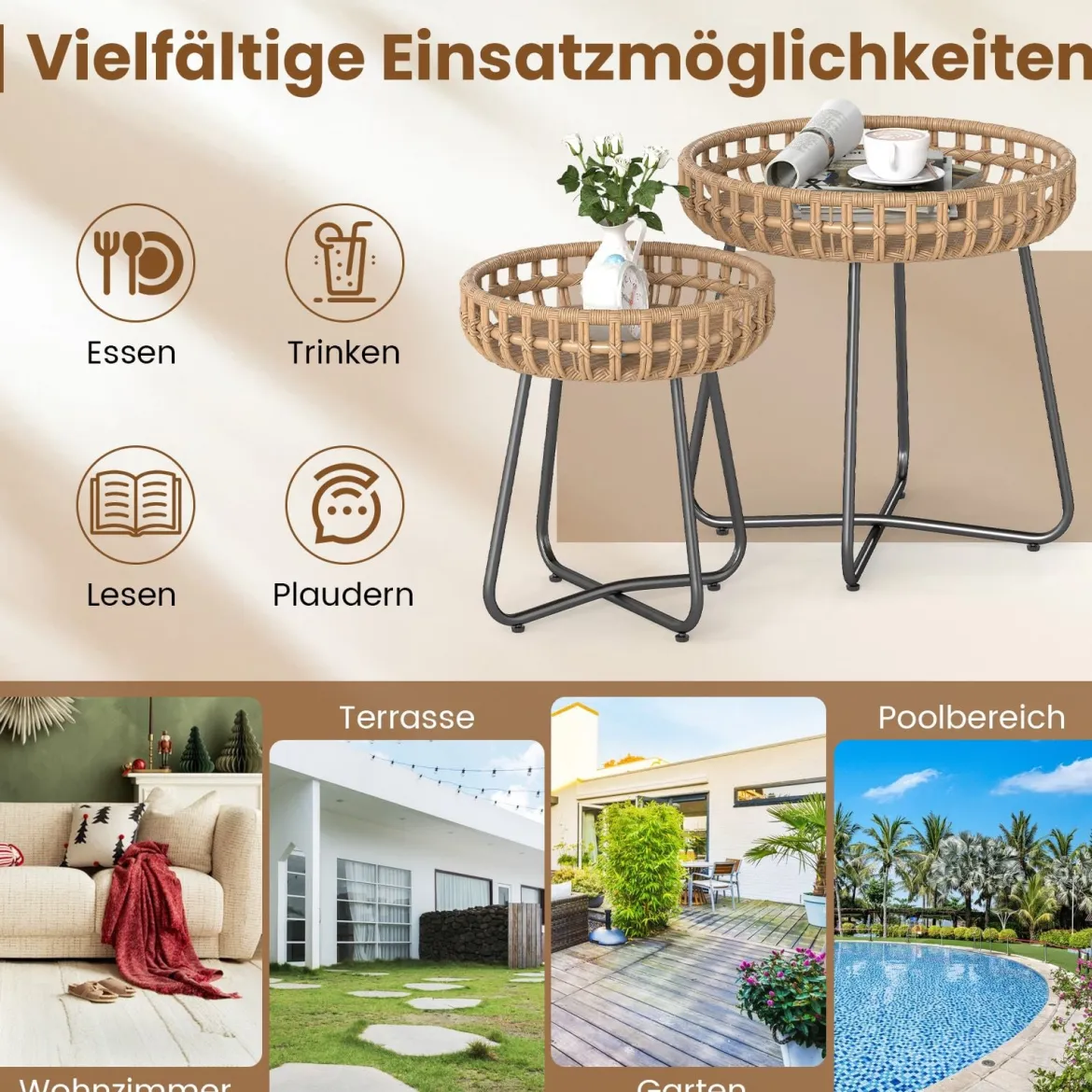 2er Set Rund Beistelltisch mit Metallrahmen & Verstellbaren Füßen Outdoor Rattan Gartentisch