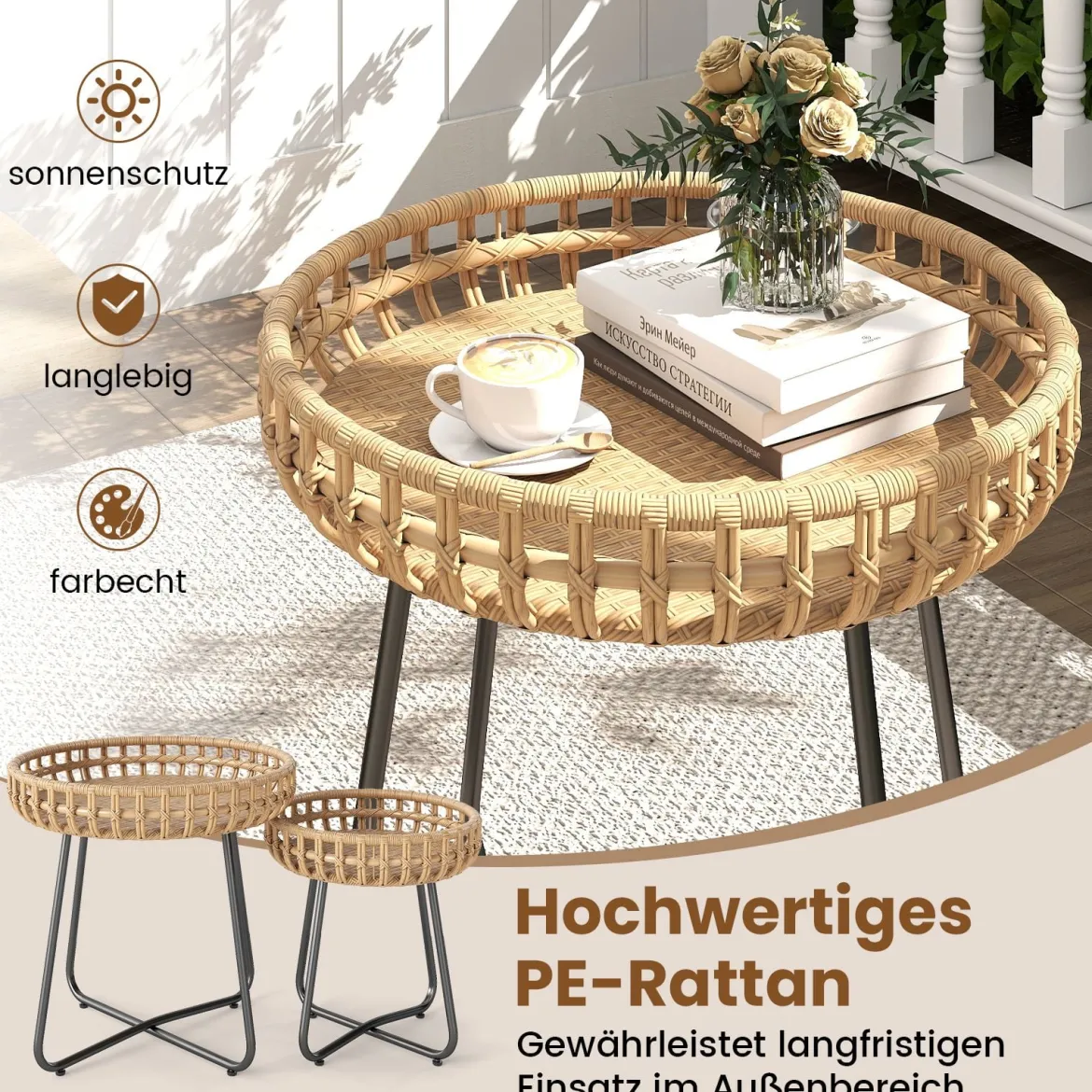 2er Set Rund Beistelltisch mit Metallrahmen & Verstellbaren Füßen Outdoor Rattan Gartentisch