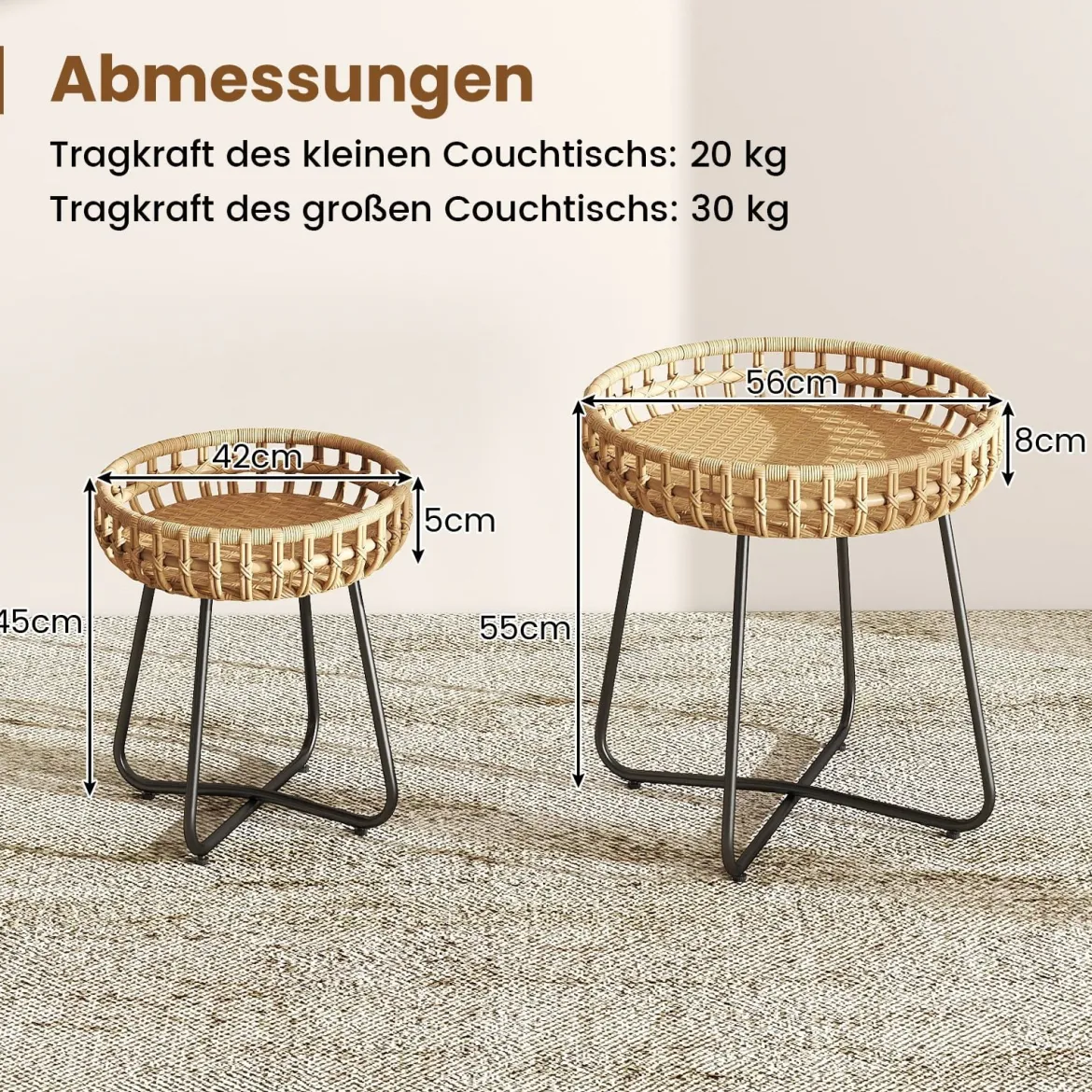 2er Set Rund Beistelltisch mit Metallrahmen & Verstellbaren Füßen Outdoor Rattan Gartentisch