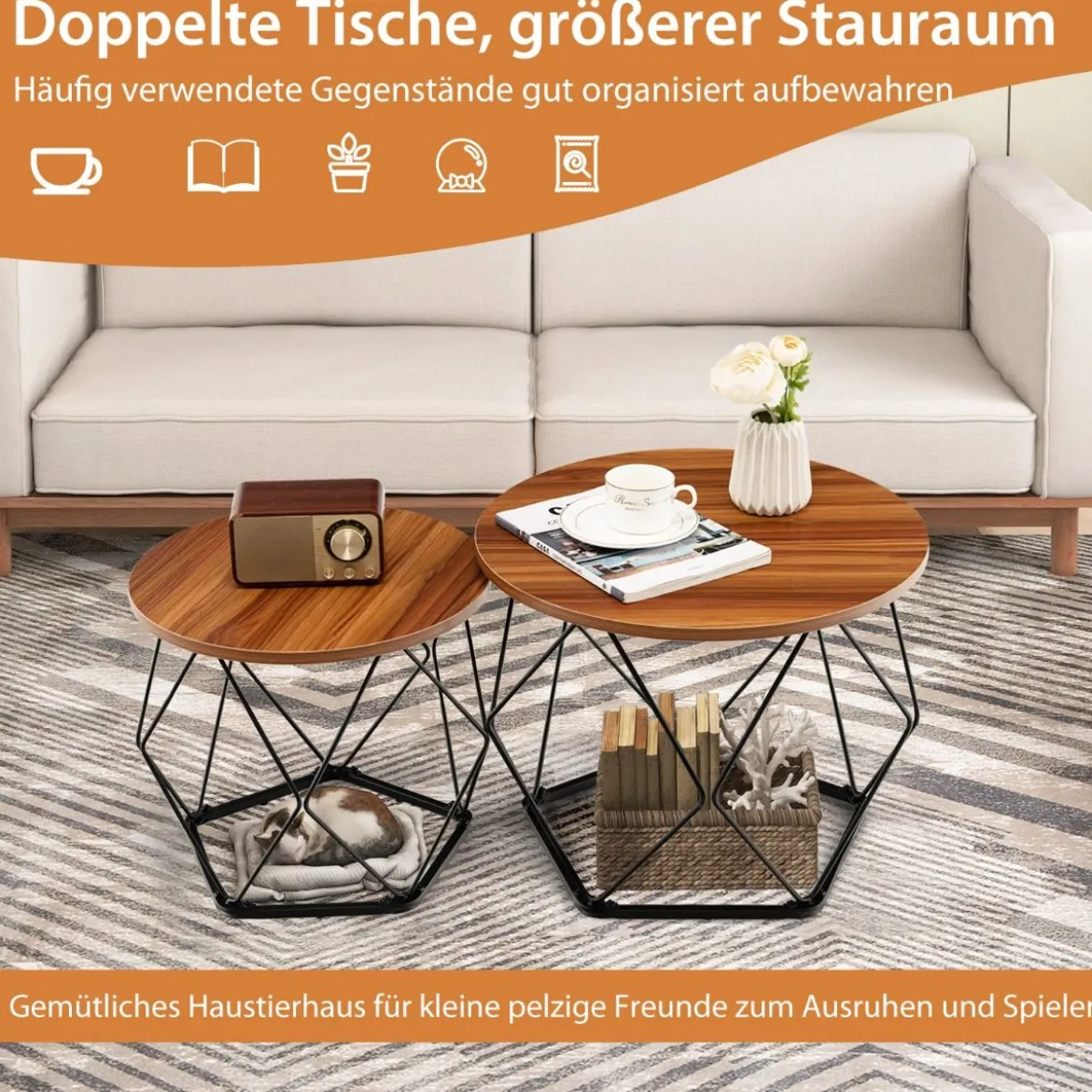 2er-Set Runde Couchtische mit fünfeckigem Stahlfuß & EVA-Pads Rustikales Braun