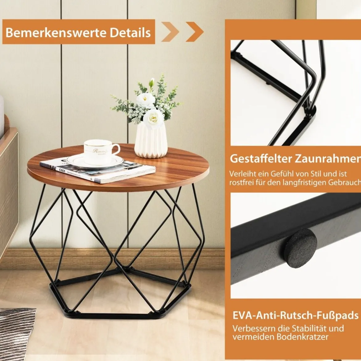 2er-Set Runde Couchtische mit fünfeckigem Stahlfuß & EVA-Pads Rustikales Braun