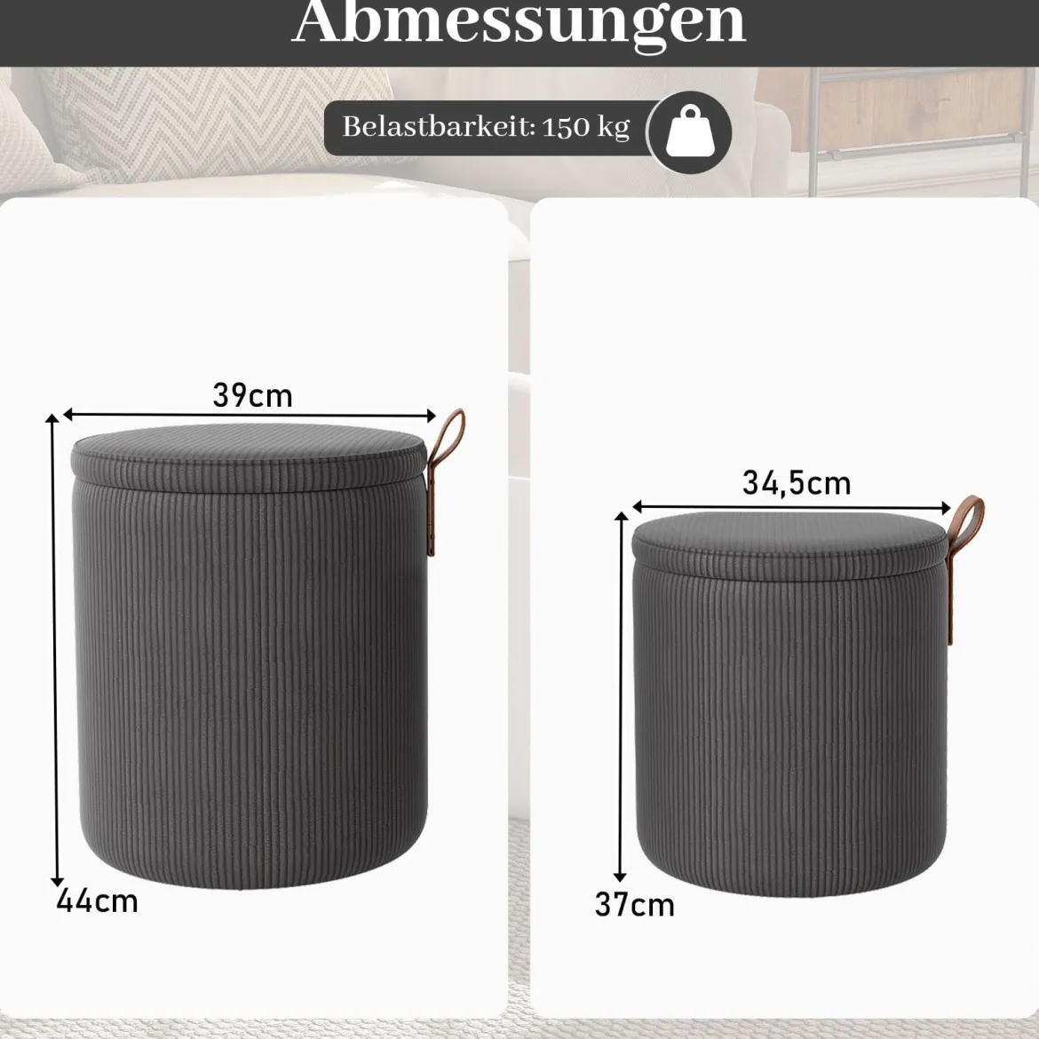 2er-set Runde hocker mit stauraum verschachtelbare Sitzhocker mit abnehmbaren Deckeln Grau