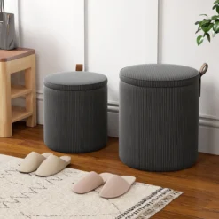 2er-set Runde hocker mit stauraum verschachtelbare Sitzhocker mit abnehmbaren Deckeln Grau