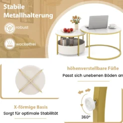 2er-Set runder Couchtisch runde Cocktailtische mit Stoff-Aufbewahrungskorb & Metallrahmen verschachtelbarer Beistelltisch Weiß