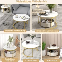 2er-Set runder Couchtisch runde Cocktailtische mit Stoff-Aufbewahrungskorb & Metallrahmen verschachtelbarer Beistelltisch Weiß