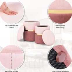 2er-Set Samt Sitzhocker mit 32L + 21L Stauraum Ottomanen Runde Couch Beistellhocker Rosa