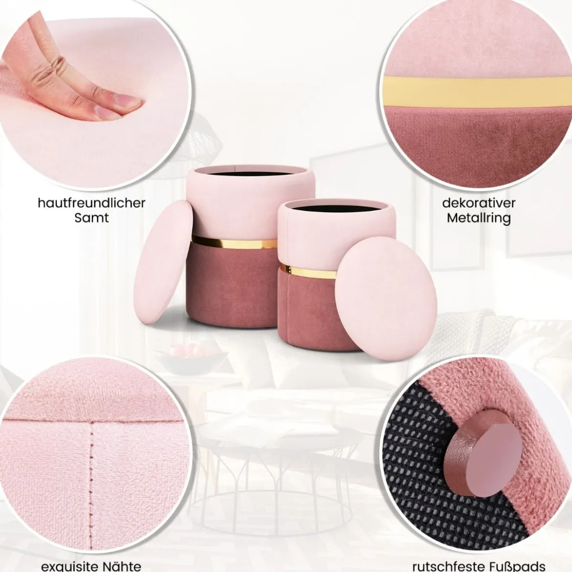2er-Set Samt Sitzhocker mit 32L + 21L Stauraum Ottomanen Runde Couch Beistellhocker Rosa