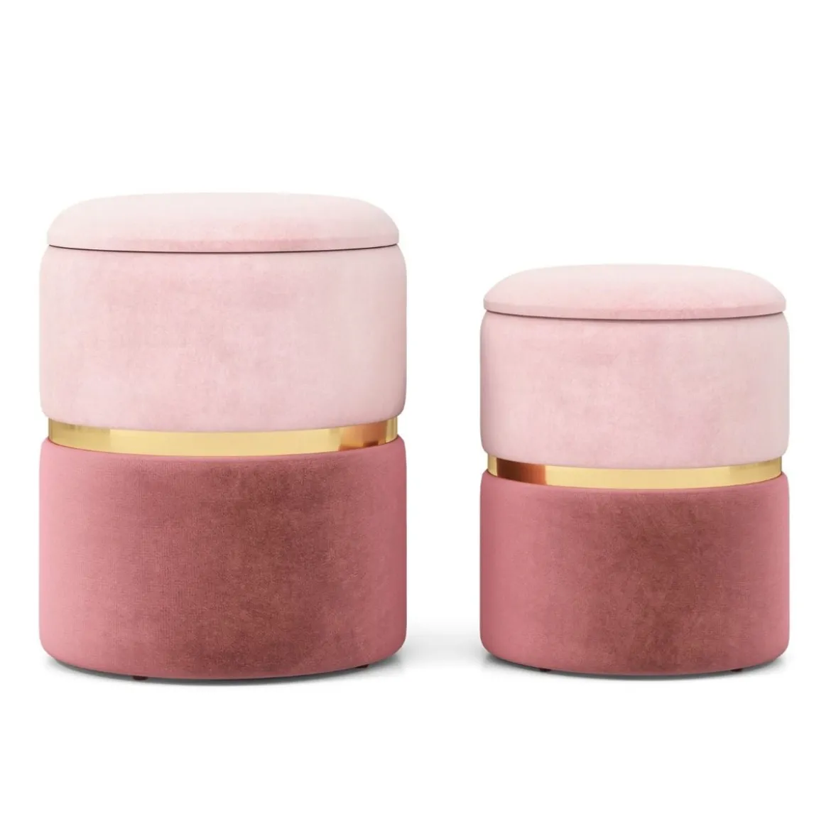 2er-Set Samt Sitzhocker mit 32L + 21L Stauraum Ottomanen Runde Couch Beistellhocker Rosa