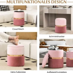 2er-Set Samt Sitzhocker mit 32L + 21L Stauraum Ottomanen Runde Couch Beistellhocker Rosa