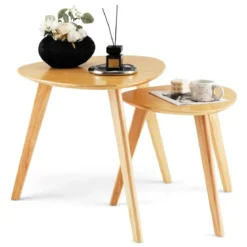 2er Set Satztisch Holz Couchtisch dreieckig Beistelltisch Kaffeetisch Wohnzimmertisch Natur