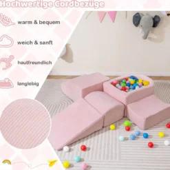 5er Set Schaumstoff Bausteine mit Ballgrube (Bälle nicht enthalten) & Cordstoff-Bezügen Kletterblöcke Spielbausteine Rosa