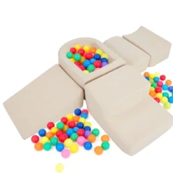 5er Set Schaumstoff Bausteine mit Ballgrube (Bälle nicht enthalten) & Cordstoff-Bezügen Kletterblöcke Spielbausteine Beige