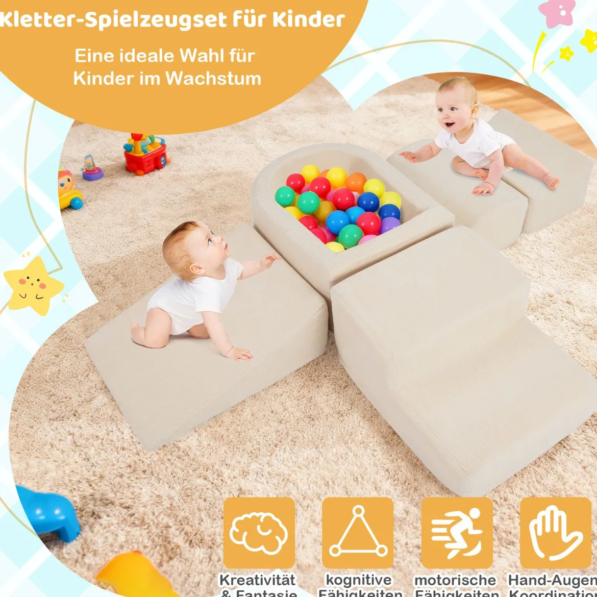 5er Set Schaumstoff Bausteine mit Ballgrube (Bälle nicht enthalten) & Cordstoff-Bezügen Kletterblöcke Spielbausteine Beige