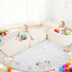 5er Set Schaumstoff Bausteine mit Ballgrube (Bälle nicht enthalten) & Cordstoff-Bezügen Kletterblöcke Spielbausteine Beige