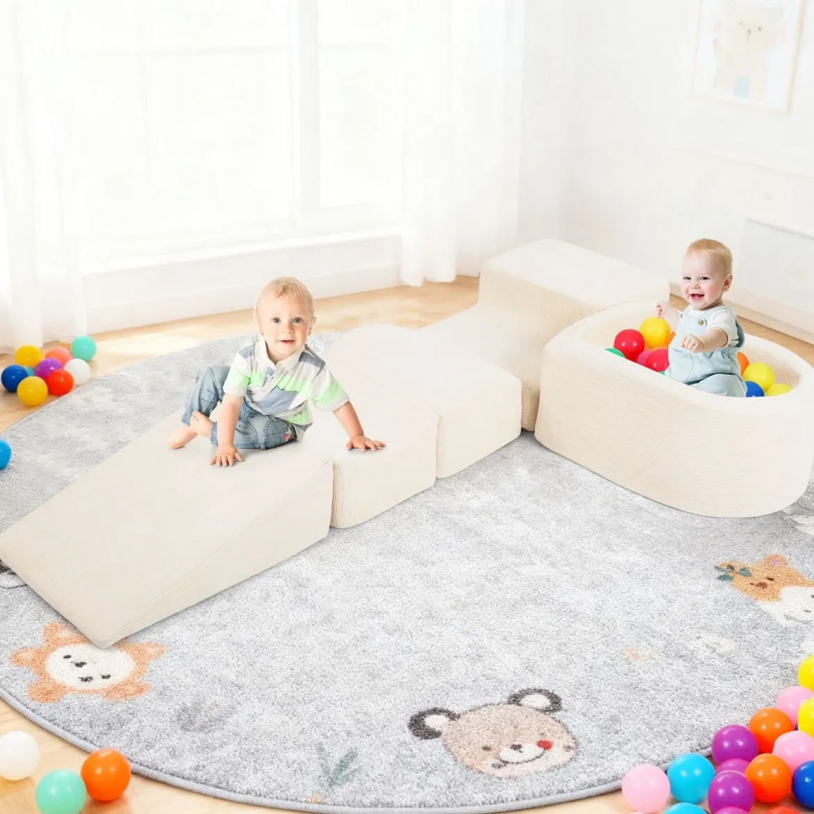 5er Set Schaumstoff Bausteine mit Ballgrube (Bälle nicht enthalten) & Cordstoff-Bezügen Kletterblöcke Spielbausteine Beige