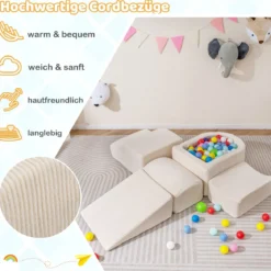 5er Set Schaumstoff Bausteine mit Ballgrube (Bälle nicht enthalten) & Cordstoff-Bezügen Kletterblöcke Spielbausteine Beige