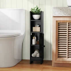 2er Set Schmaler Toilettenschrank mit 2 Offenen Fächern & 2 Abnehmbarer Ablage Badschrank Schwarz