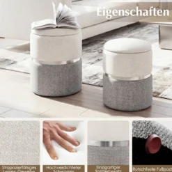 2er-Set Sitzhocker Samt Ottomanen mit 32L + 21L Stauraum Pouf Hocker runde Couch Beistellhocker Grau