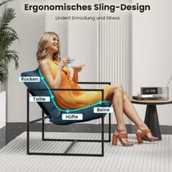 2er Set Sling-Akzentstuhl mit Sitz- & Rückenkissen & Metallrahmen Ergonomischer Loungestuhl Navy