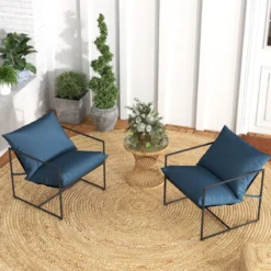 2er Set Sling-Akzentstuhl mit Sitz- & Rückenkissen & Metallrahmen Ergonomischer Loungestuhl Navy