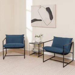 2er Set Sling-Akzentstuhl mit Sitz- & Rückenkissen & Metallrahmen Ergonomischer Loungestuhl Navy