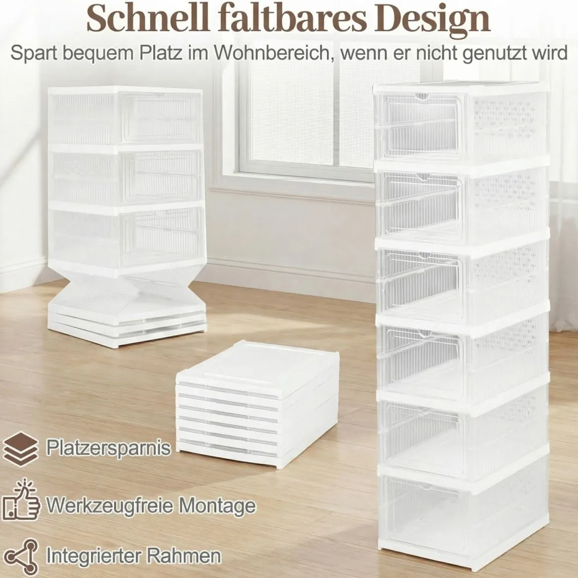 12er Set StapelbareSchuhboxen mit Klapptür 6 Stöckiger Faltbarer Schuhorganizer Transparent