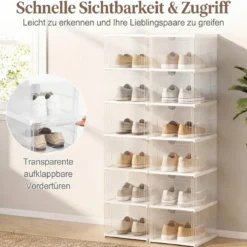 12er Set StapelbareSchuhboxen mit Klapptür 6 Stöckiger Faltbarer Schuhorganizer Transparent