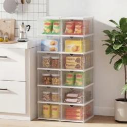 12er Set StapelbareSchuhboxen mit Klapptür 6 Stöckiger Faltbarer Schuhorganizer Transparent