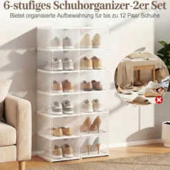 12er Set StapelbareSchuhboxen mit Klapptür 6 Stöckiger Faltbarer Schuhorganizer Transparent