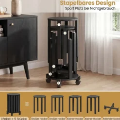4er Set Stapelhocker mit Massivholzbeine & Rollenbasis Platzsparende Rund Holzhocker Schwarz