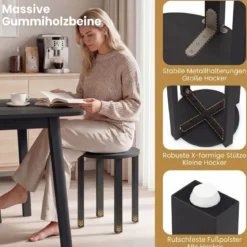 4er Set Stapelhocker mit Massivholzbeine & Rollenbasis Platzsparende Rund Holzhocker Schwarz
