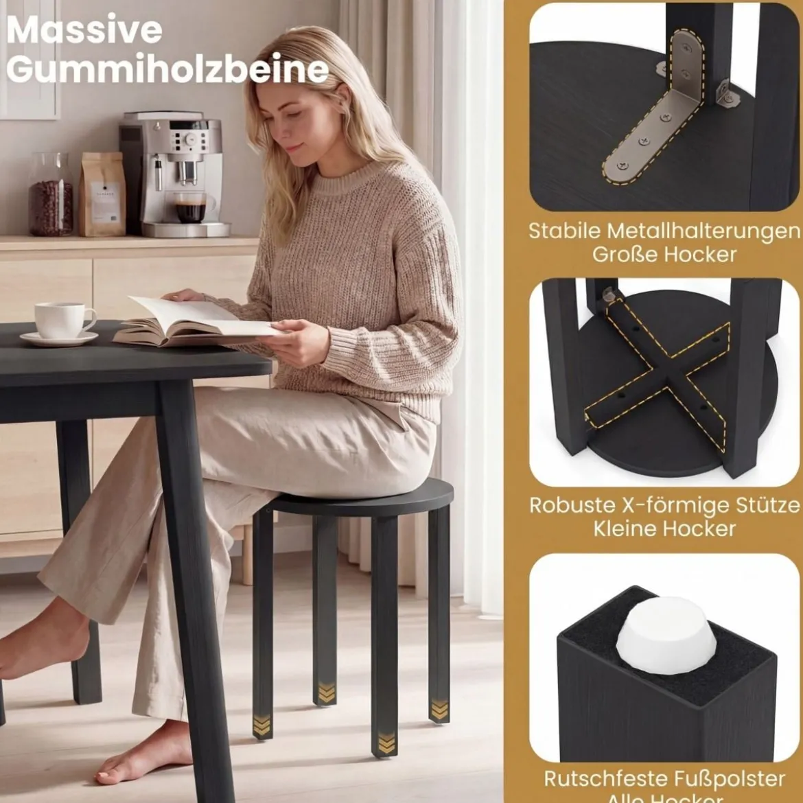 4er Set Stapelhocker mit Massivholzbeine & Rollenbasis Platzsparende Rund Holzhocker Schwarz