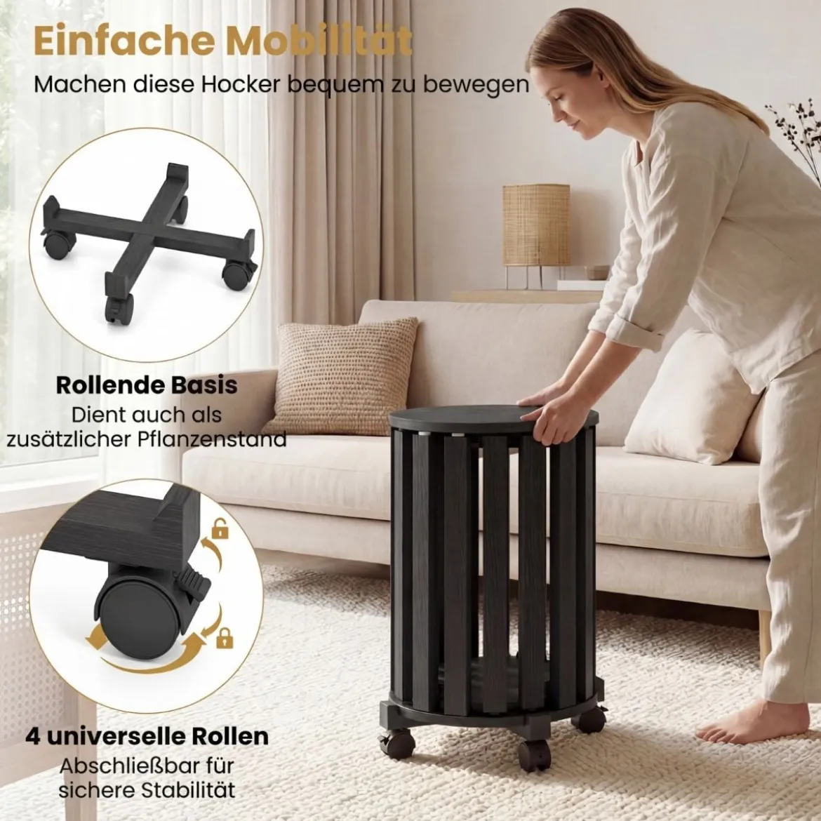 4er Set Stapelhocker mit Massivholzbeine & Rollenbasis Platzsparende Rund Holzhocker Schwarz