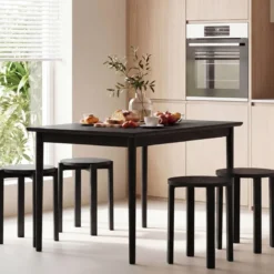 4er Set Stapelhocker mit Massivholzbeine & Rollenbasis Platzsparende Rund Holzhocker Schwarz