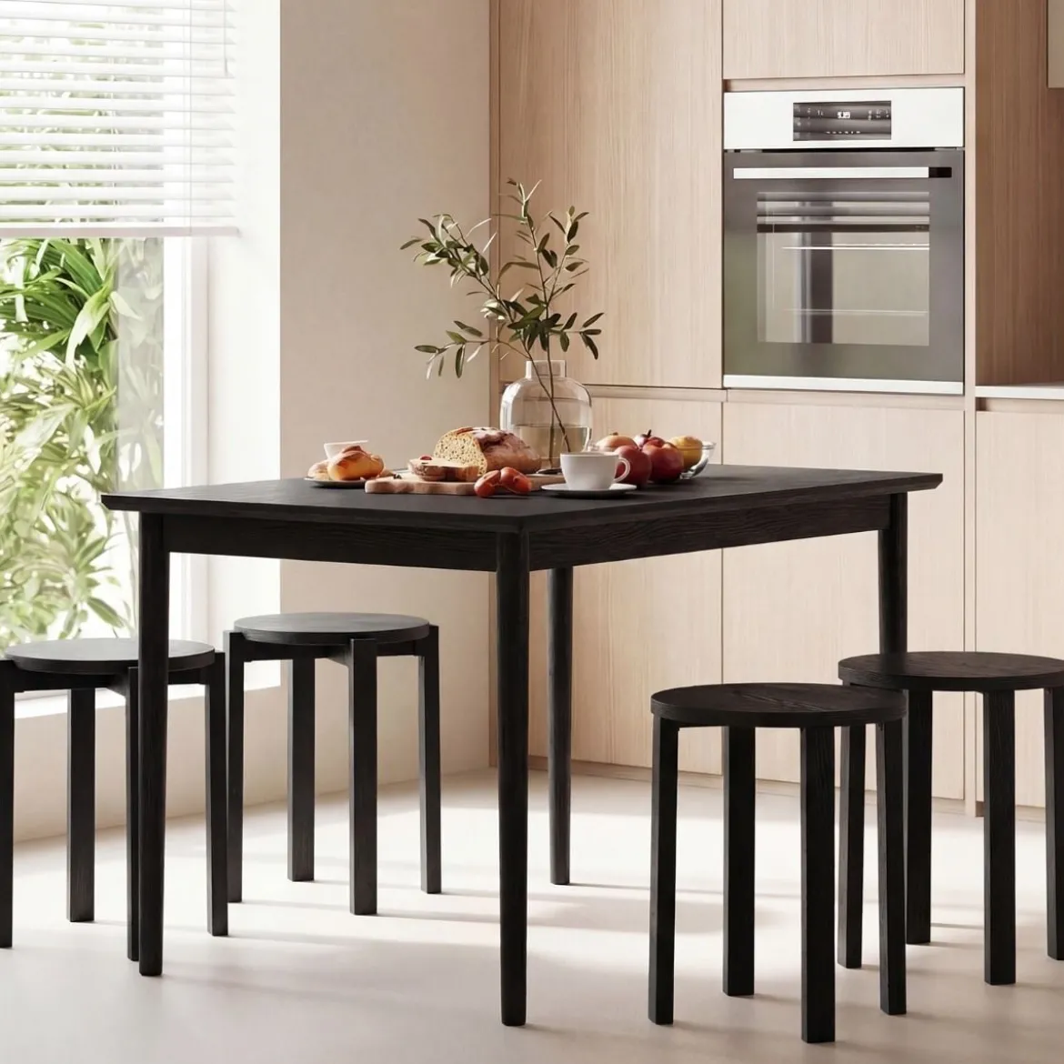 4er Set Stapelhocker mit Massivholzbeine & Rollenbasis Platzsparende Rund Holzhocker Schwarz