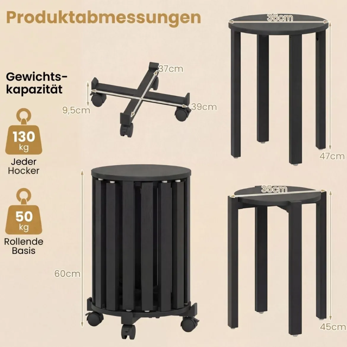 4er Set Stapelhocker mit Massivholzbeine & Rollenbasis Platzsparende Rund Holzhocker Schwarz