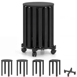 4er Set Stapelhocker mit Massivholzbeine & Rollenbasis Platzsparende Rund Holzhocker Schwarz