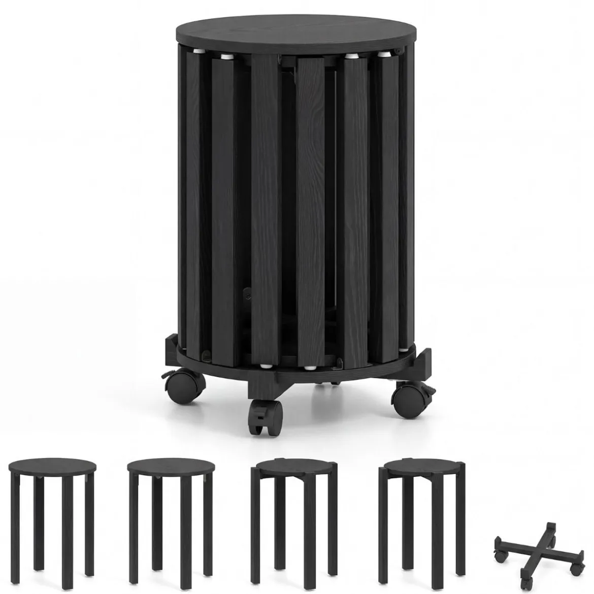 4er Set Stapelhocker mit Massivholzbeine & Rollenbasis Platzsparende Rund Holzhocker Schwarz