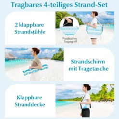 2er Set Strandstühle mit Schirm & Stranddecke Sonnenschirm mit Tragetasche 2 Klappstühle Blau