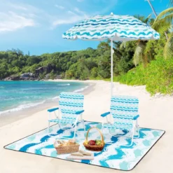 2er Set Strandstühle mit Schirm & Stranddecke Sonnenschirm mit Tragetasche 2 Klappstühle Blau