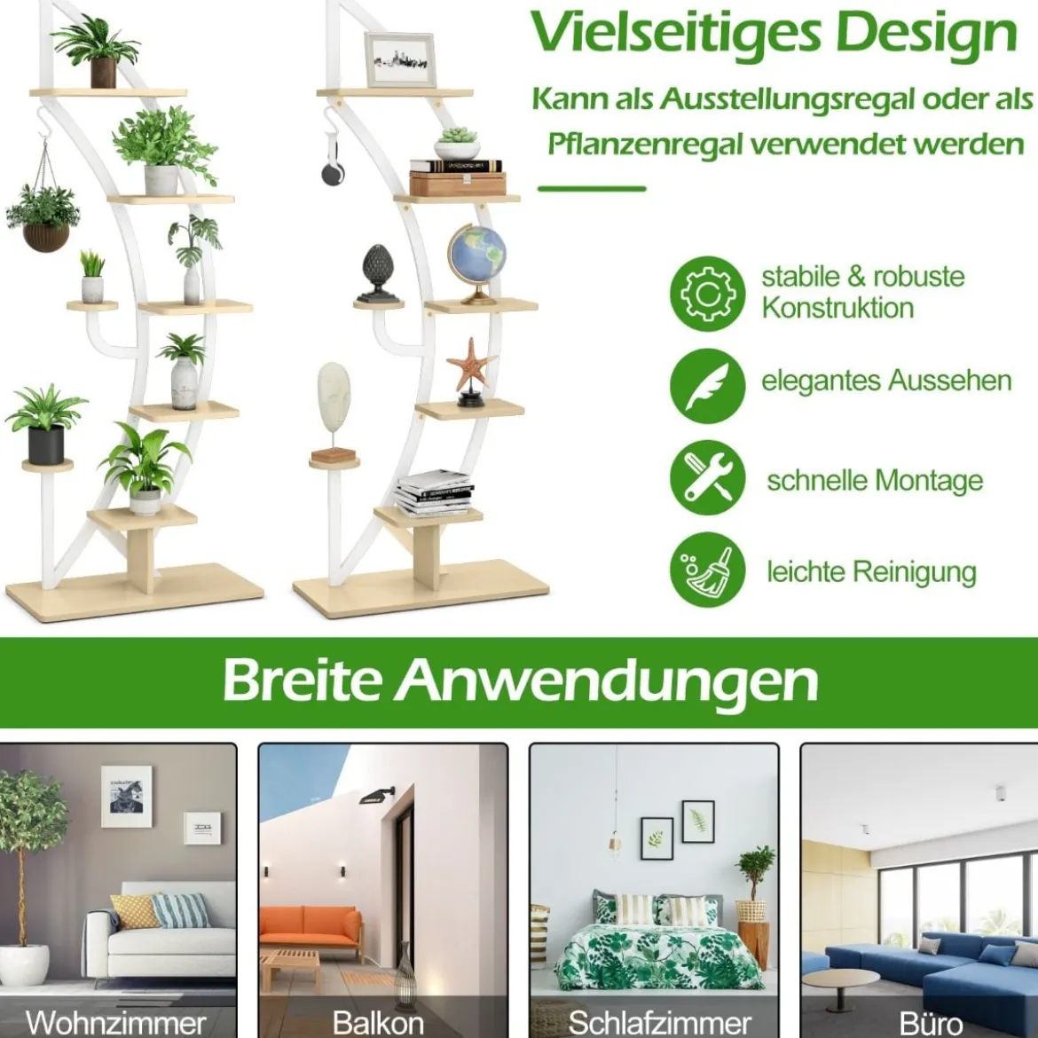 2er Set 6-stufiger Metall-Pflanzenständer in Halbmondform mit 2 Kleine Ablagen & Haken Weiß