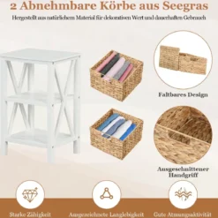 2er Set 3-stufiger Nachttisch mit 2 Seegraskörben & X-Design Schmaler Beistelltisch Weiß