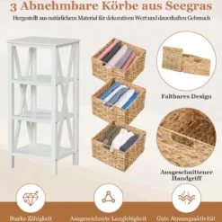 2er Set 4-stufiger Nachttisch mit 3 Seegraskörben & X-Design Schmaler Beistelltisch Weiß