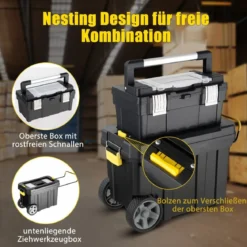 2er Set tragbarer Werkzeugkoffer mit Ziehgriff & Abnehmbarem Fach Trolley Werkzeugkoffer Schwarz